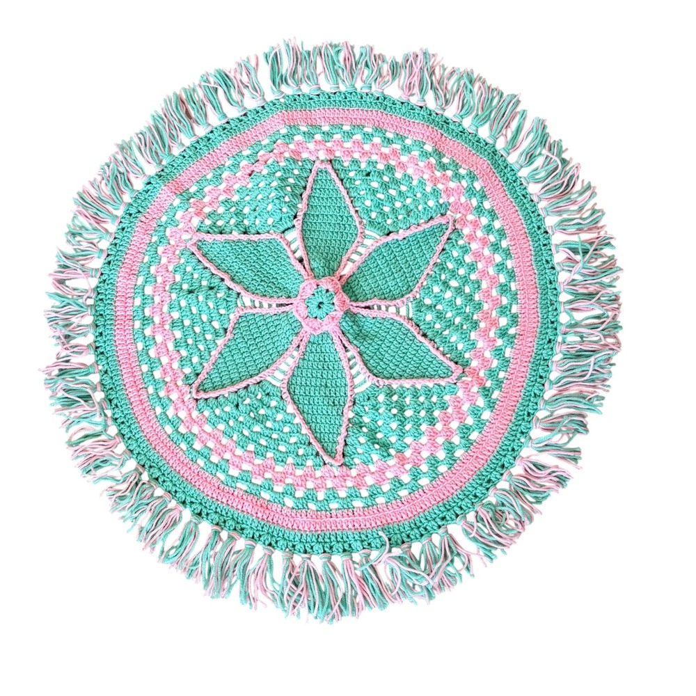 Vintage Handmade Crochet Round Rug Teal Pink Floral Star Fringe Boho Hippie